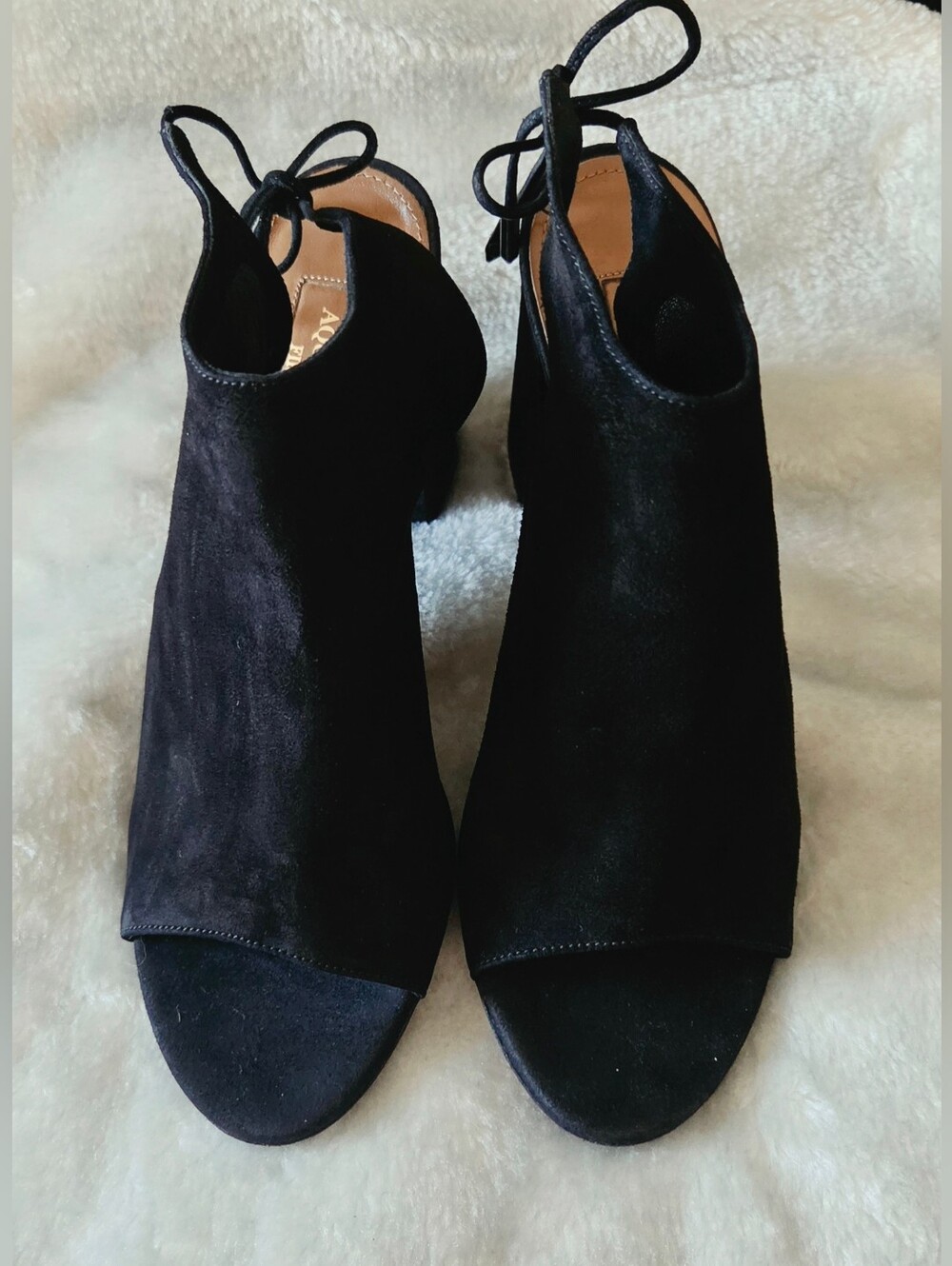 Aquazzura Black Suede Peep-Toe Ankle Booties with Back Tie